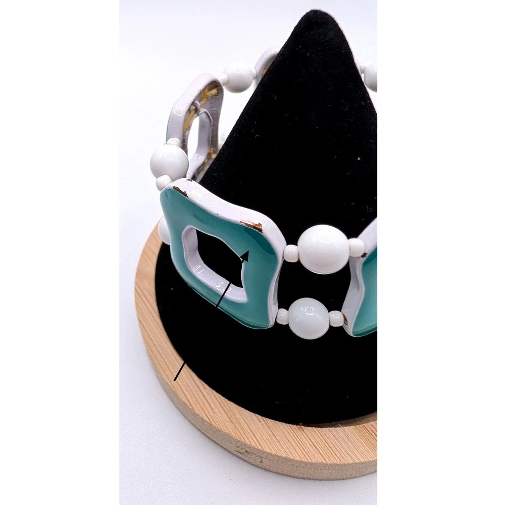 Vintage‎ Teal White Enamel Geometric Stretch Bracelet Mid Century Modern Style